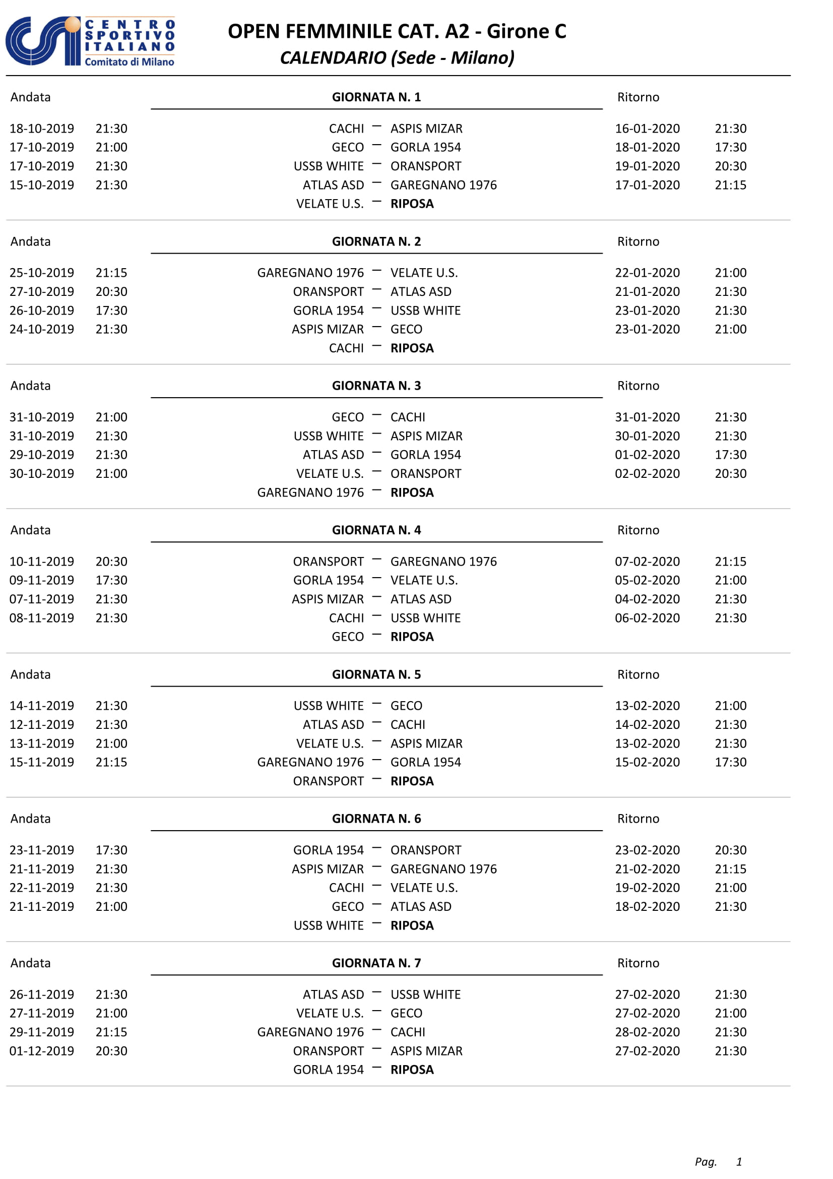 Calendario partite Allieve